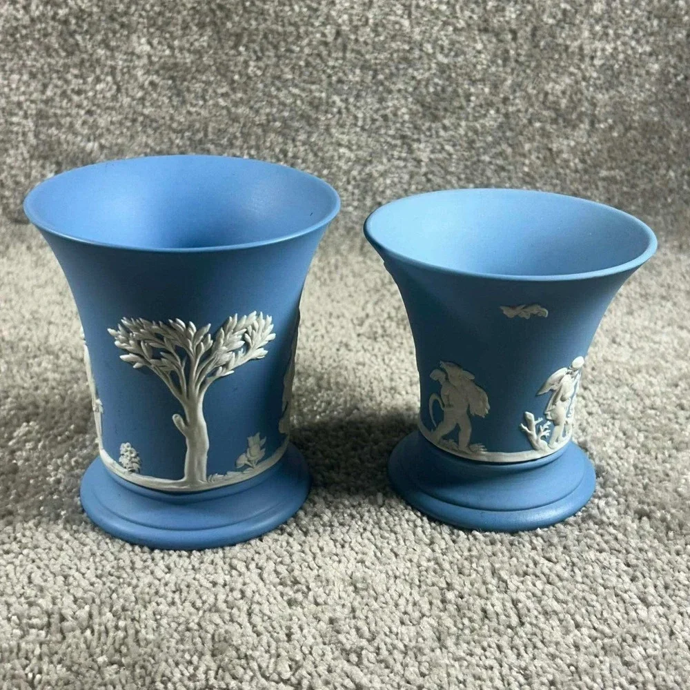 Wedgwood Jasperware Vases Blue White Neoclassical Trumpet Pair England